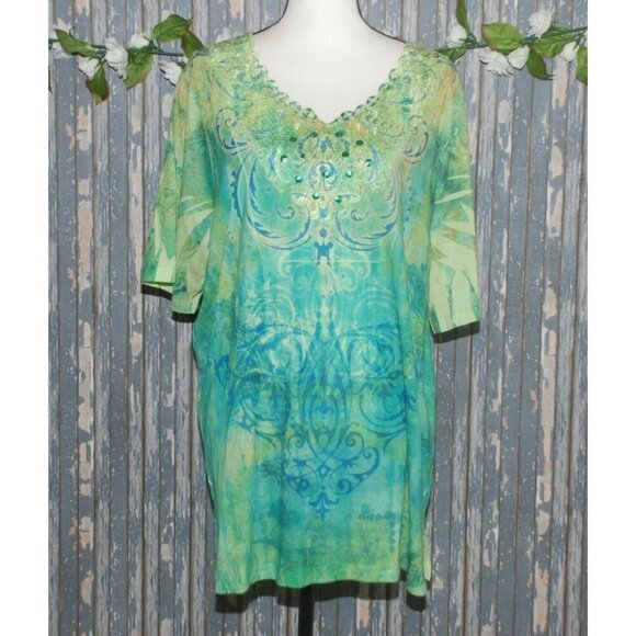 Liz & Me Collectors Series Tee Shirt Top Size 0X 14W 16W Lace Studded Whimsical - Picture 1 of 9